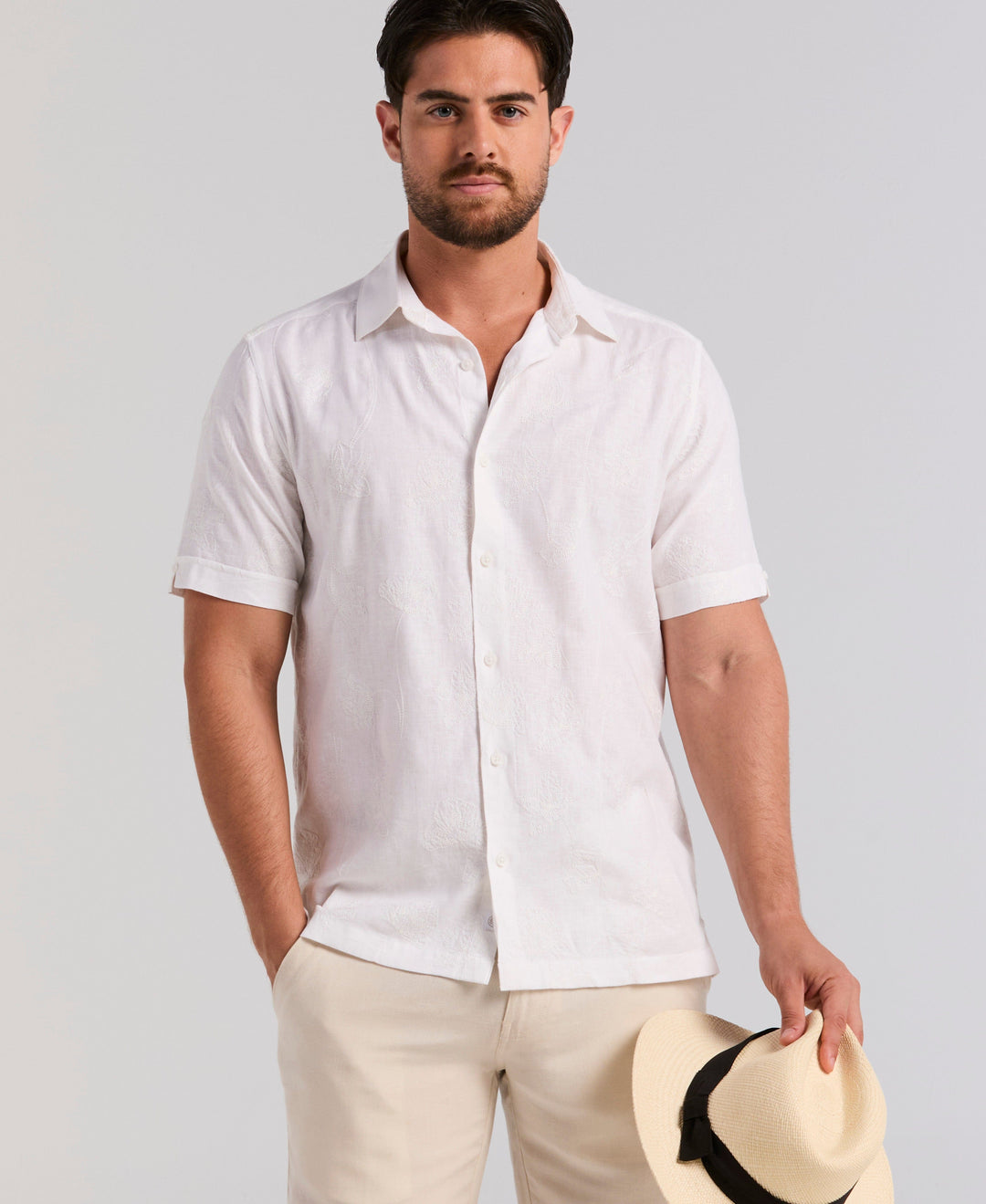 Linen Blend Floral Shifley Shirt (Brilliant White) 
