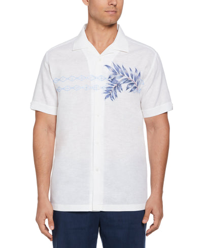 Linen Blend Geo Leaf Chest Print Cuban Collar Shirt (Brilliant White) 