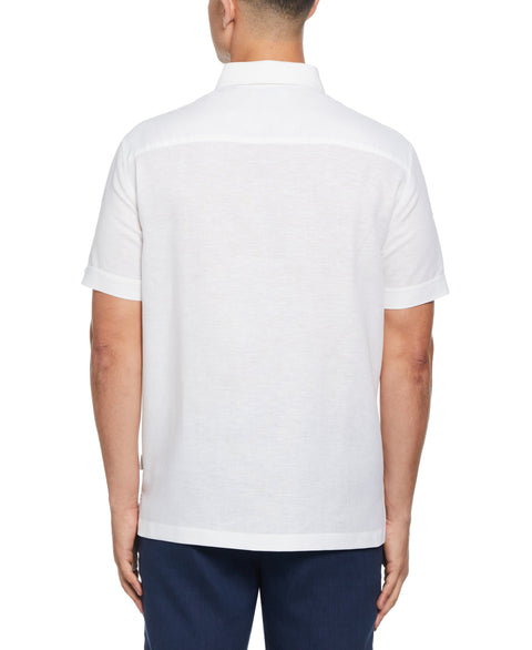 Linen Blend Geo Leaf Chest Print Cuban Collar Shirt (Brilliant White) 
