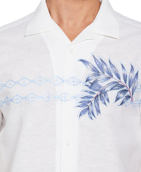 Linen Blend Geo Leaf Chest Print Cuban Collar Shirt (Brilliant White) 