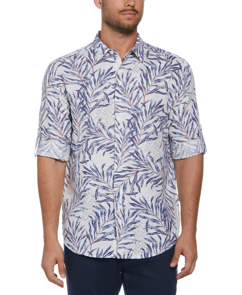 Linen Blend Geo Leaf Print Shirt (Brilliant White) 