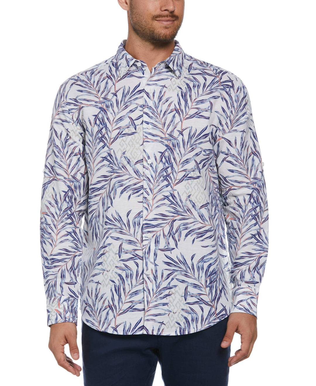 Linen Blend Geo Leaf Print Shirt (Brilliant White) 