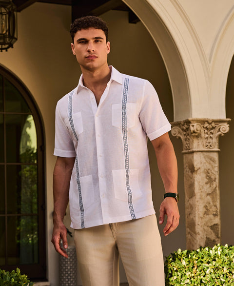 Linen Blend Guayabera Shirt With Geo Embroidered Panels-Guayaberas-Cubavera