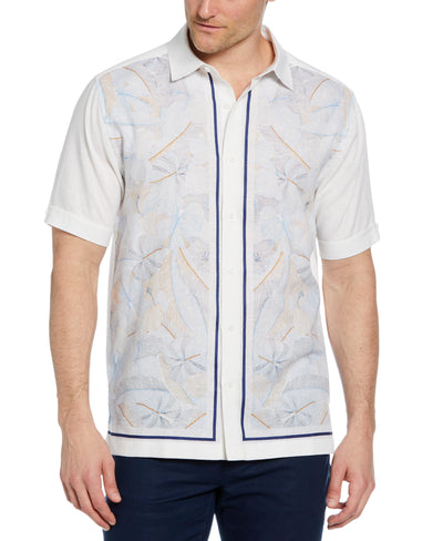 Linen-Blend L-Shape Leaf Print Shirt (Brilliant White) 