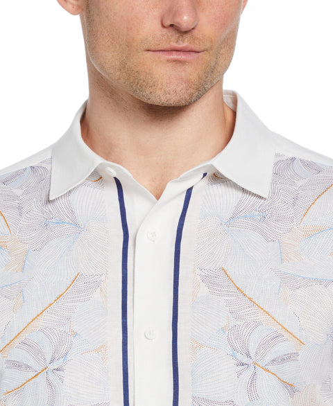 Linen-Blend L-Shape Leaf Print Shirt (Brilliant White) 