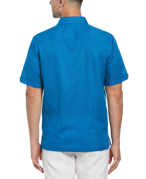 Linen Blend L-Shape Parrot Palm Print Shirt (Mykonos Blue) 