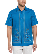 Linen Blend L-Shape Parrot Palm Print Shirt (Mykonos Blue) 