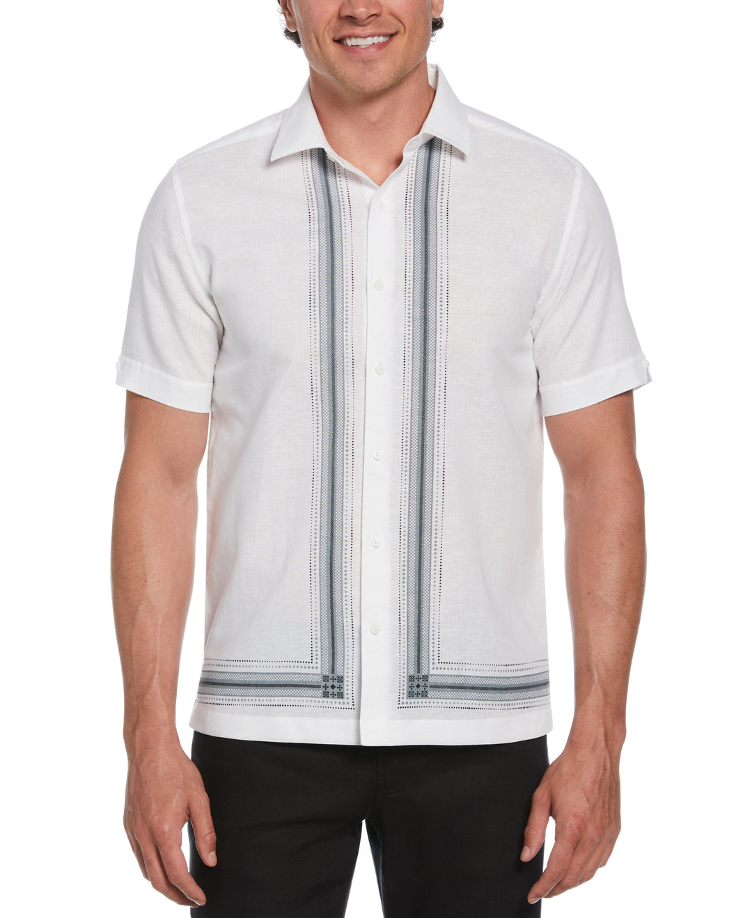 Linen Blend L-Shaped Deco Pattern Shirt (Brilliant White) 