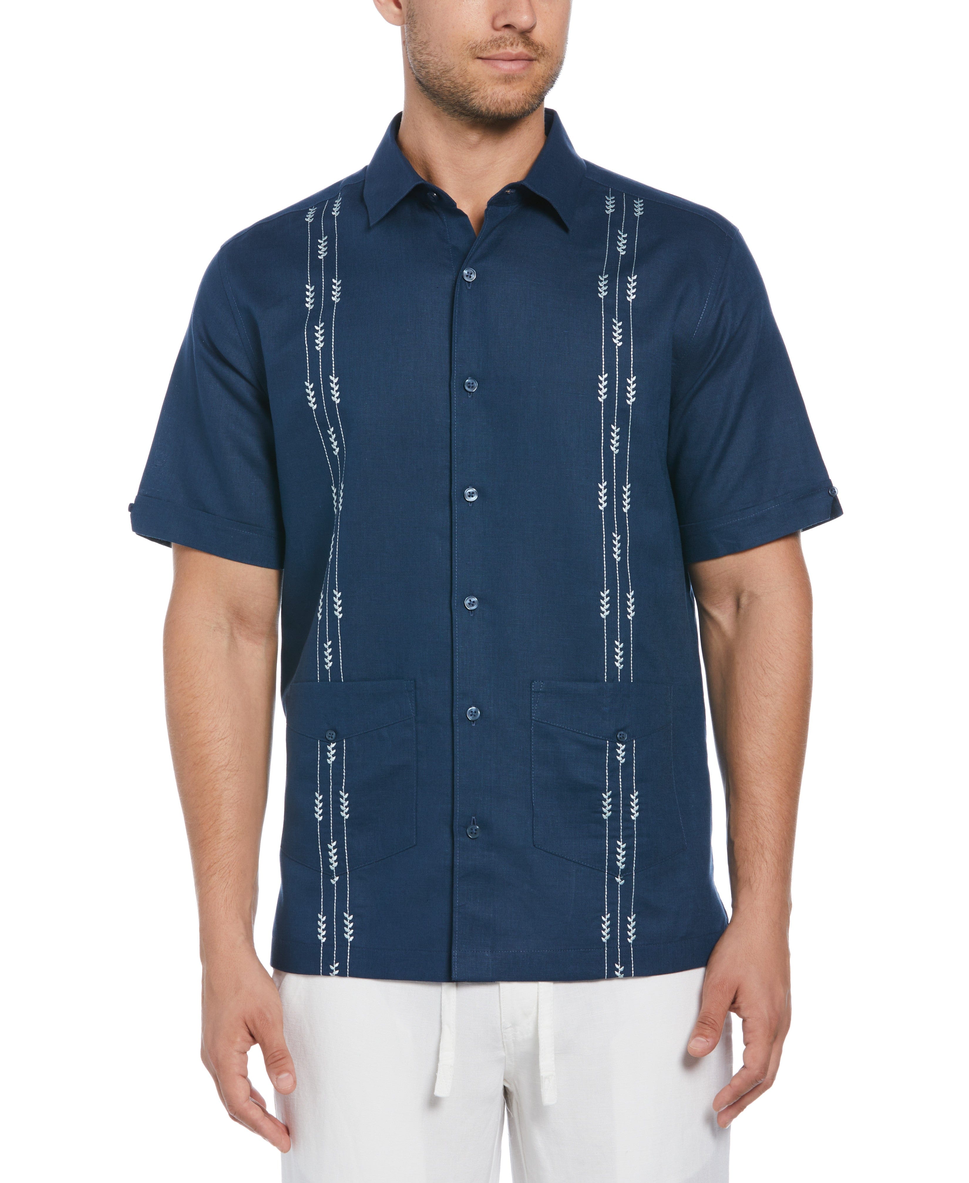 Linen Blend Leaf Embroidery Panel Guayabera Shirt – Cubavera