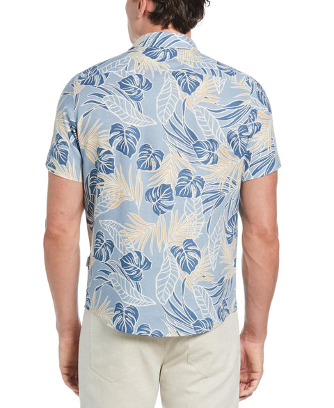 Linen-Blend Leaf Outline Print Shirt (Faded Denim) 
