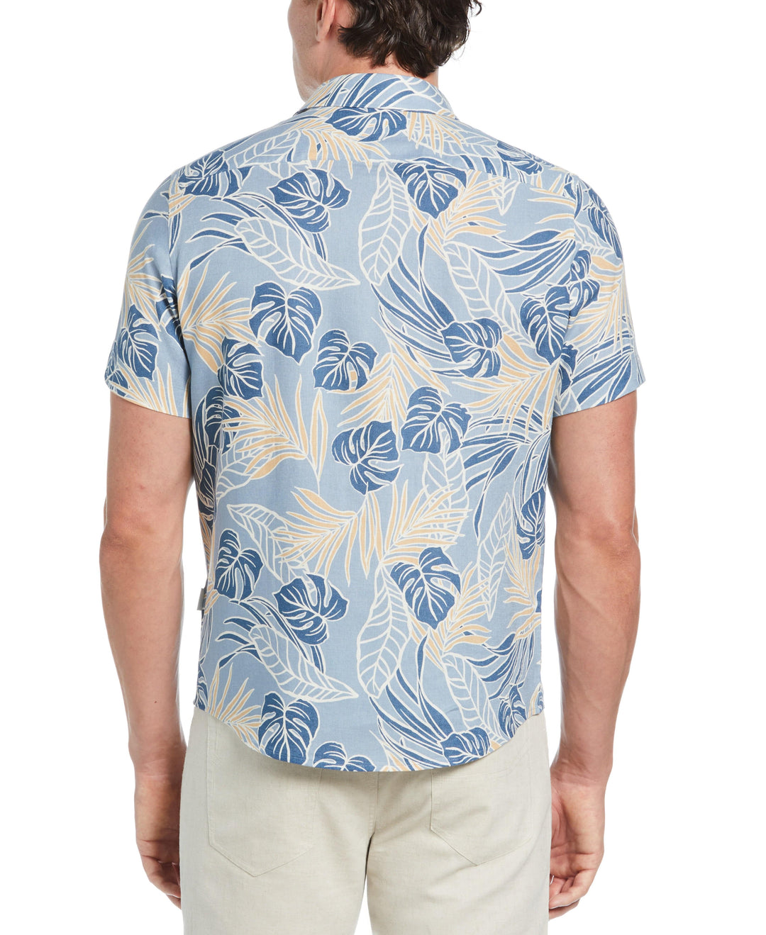Linen-Blend Leaf Outline Print Shirt (Faded Denim) 