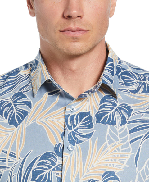 Linen-Blend Leaf Outline Print Shirt (Faded Denim) 