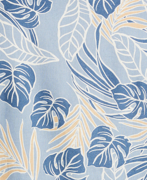 Linen-Blend Leaf Outline Print Shirt (Faded Denim) 