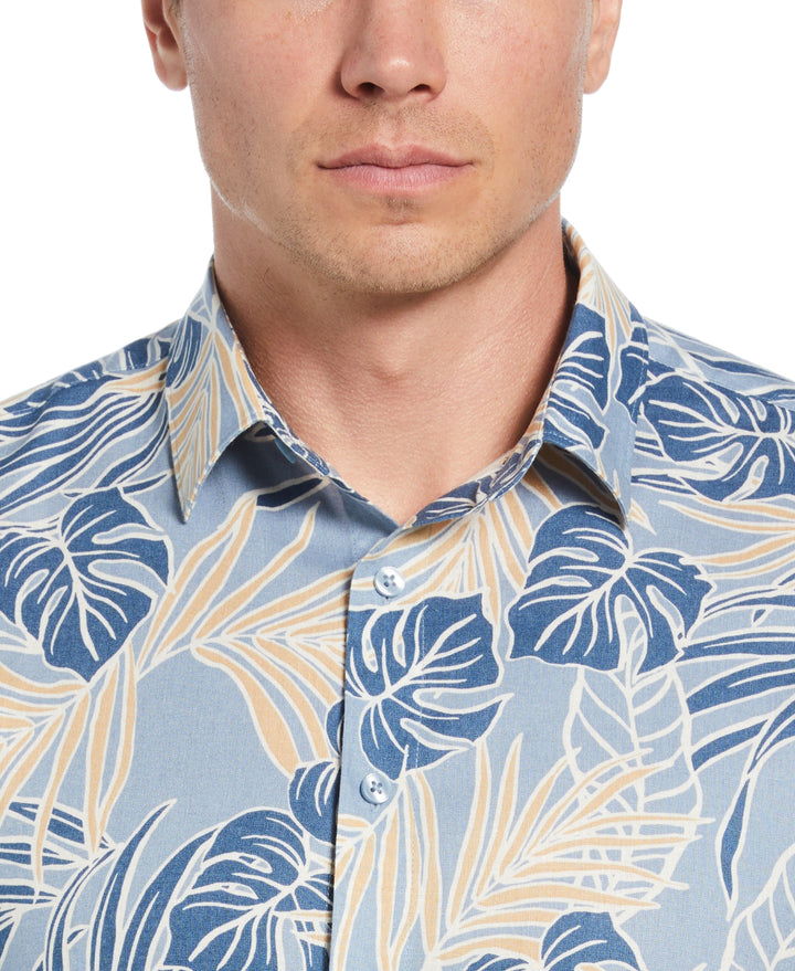 Linen-Blend Leaf Outline Print Shirt (Faded Denim) 