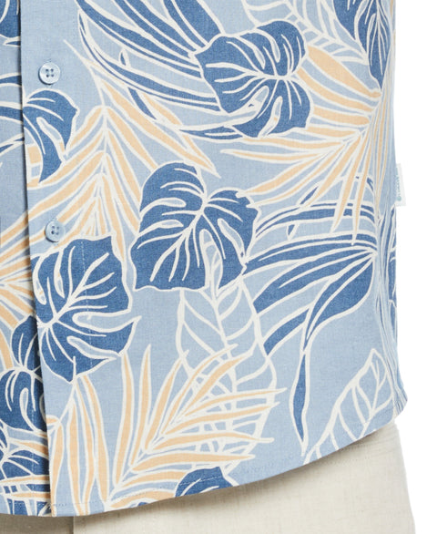 Linen-Blend Leaf Outline Print Shirt (Faded Denim) 