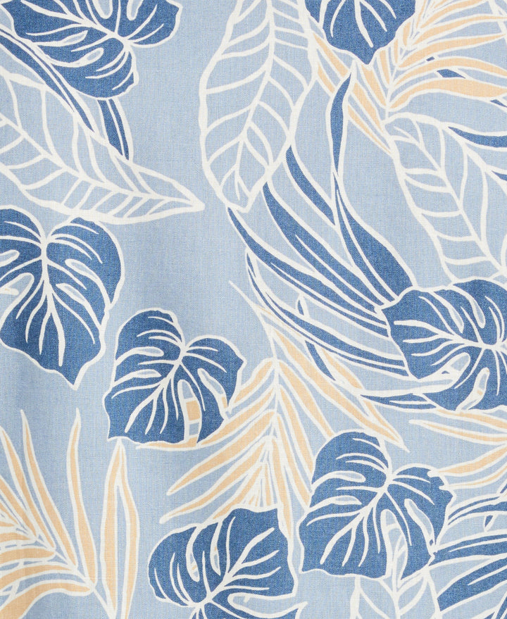 Linen-Blend Leaf Outline Print Shirt (Faded Denim) 