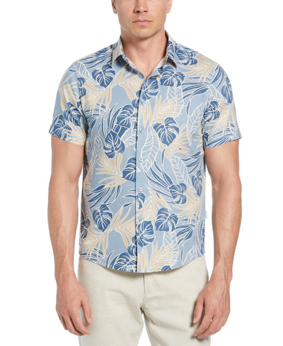 Linen-Blend Leaf Outline Print Shirt (Faded Denim) 