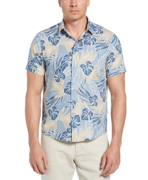 Linen-Blend Leaf Outline Print Shirt (Faded Denim) 