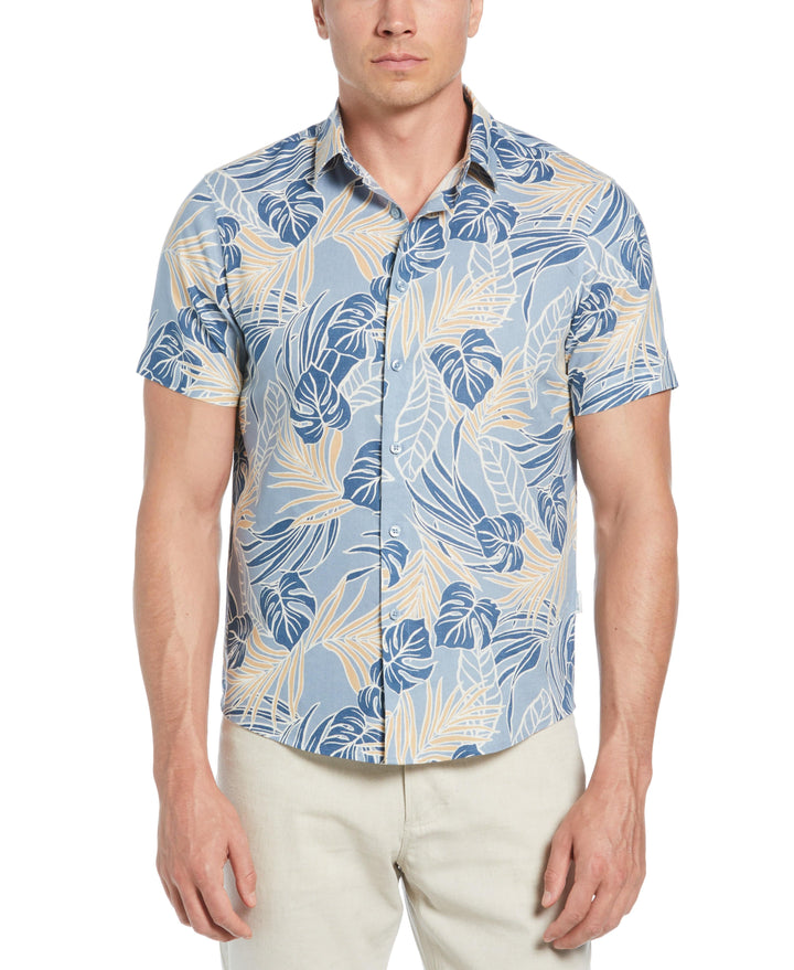 Linen-Blend Leaf Outline Print Shirt (Faded Denim) 