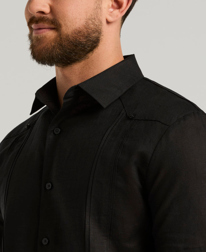 Linen Blend Guayabera Shirt (Jet Black) 