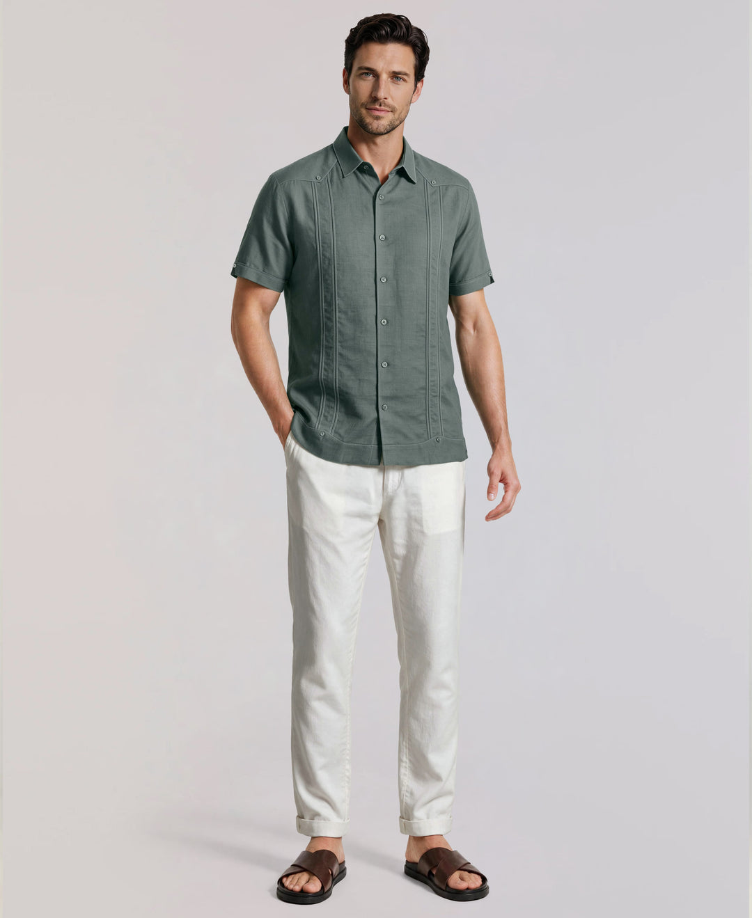 Linen Blend Guayabera Shirt (Balsam Green) 