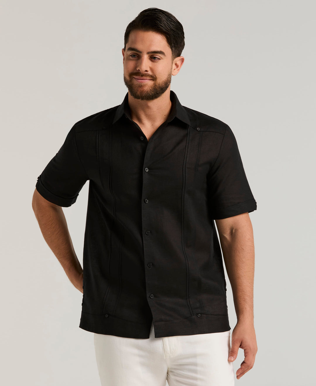 Linen Blend Guayabera Shirt (Jet Black) 