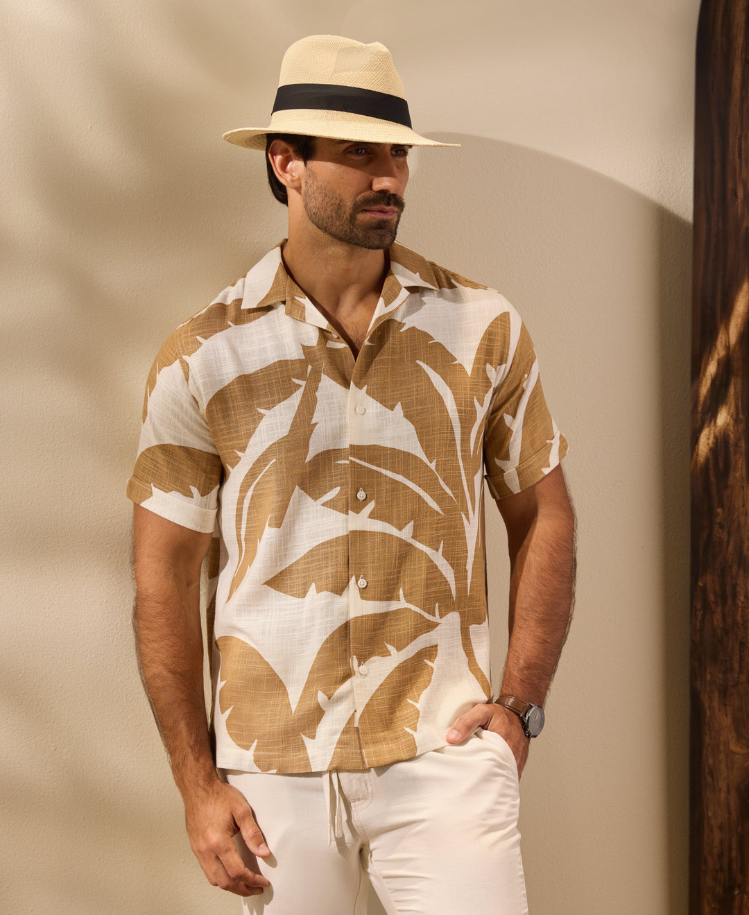 Linen Blend Palm Print Shirt-Casual Shirts-Cubavera