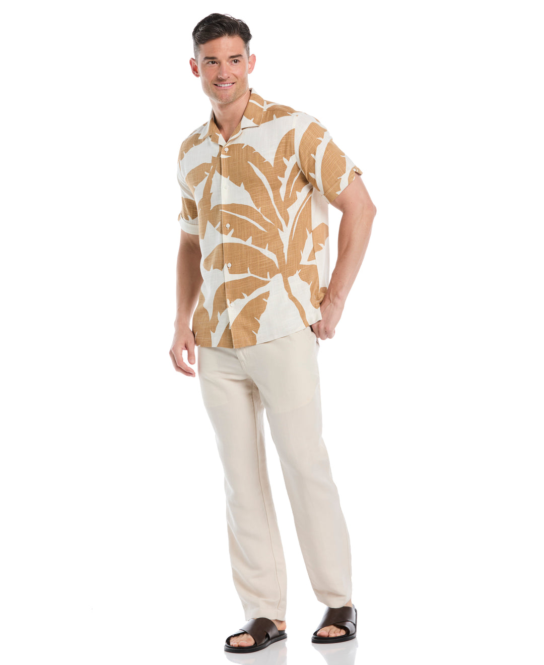 Linen Blend Palm Print Shirt (Egret) 