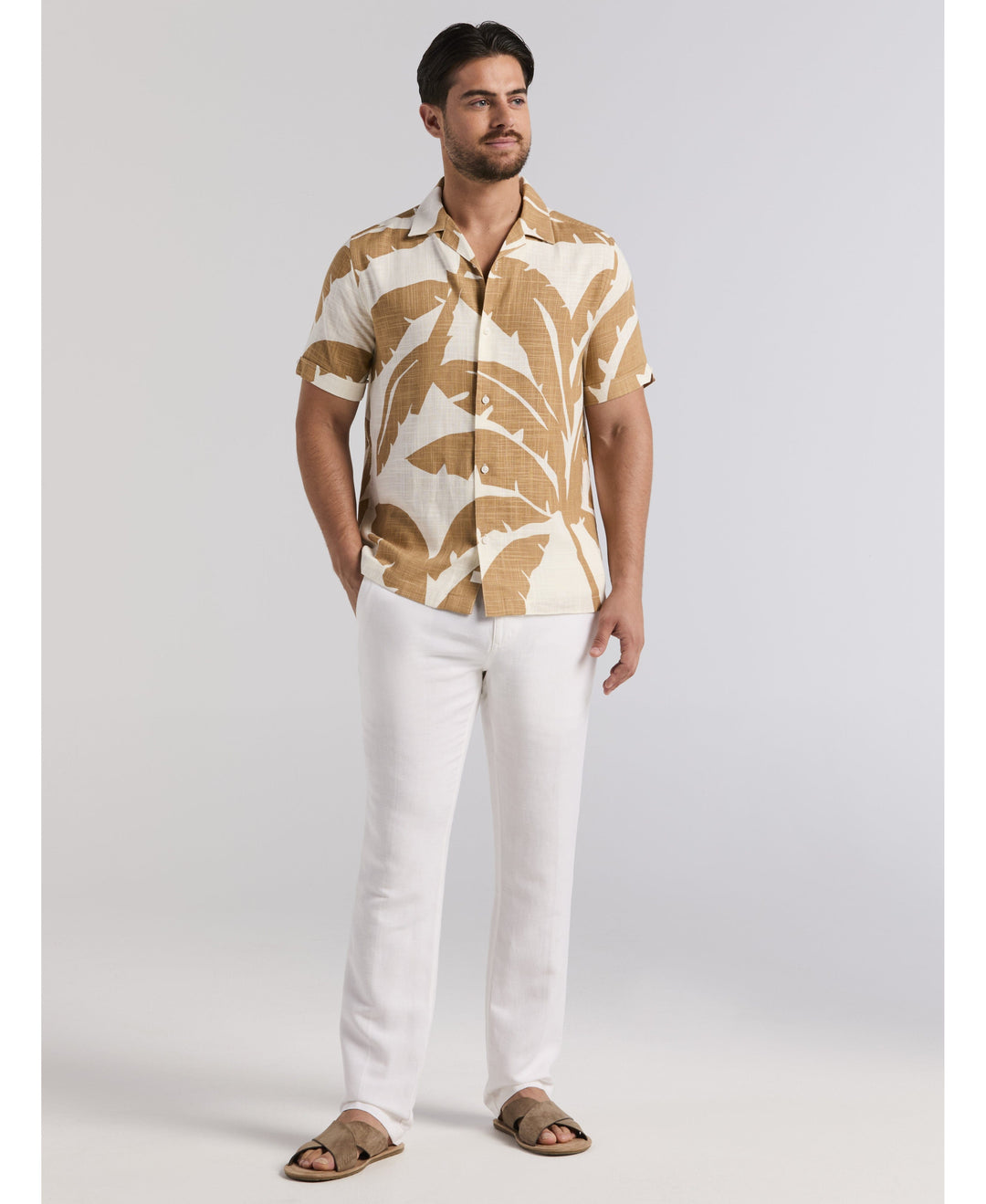 Linen Blend Palm Print Shirt-Casual Shirts-Cubavera