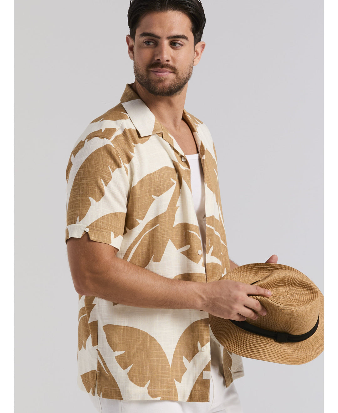 Linen Blend Palm Print Shirt-Casual Shirts-Cubavera