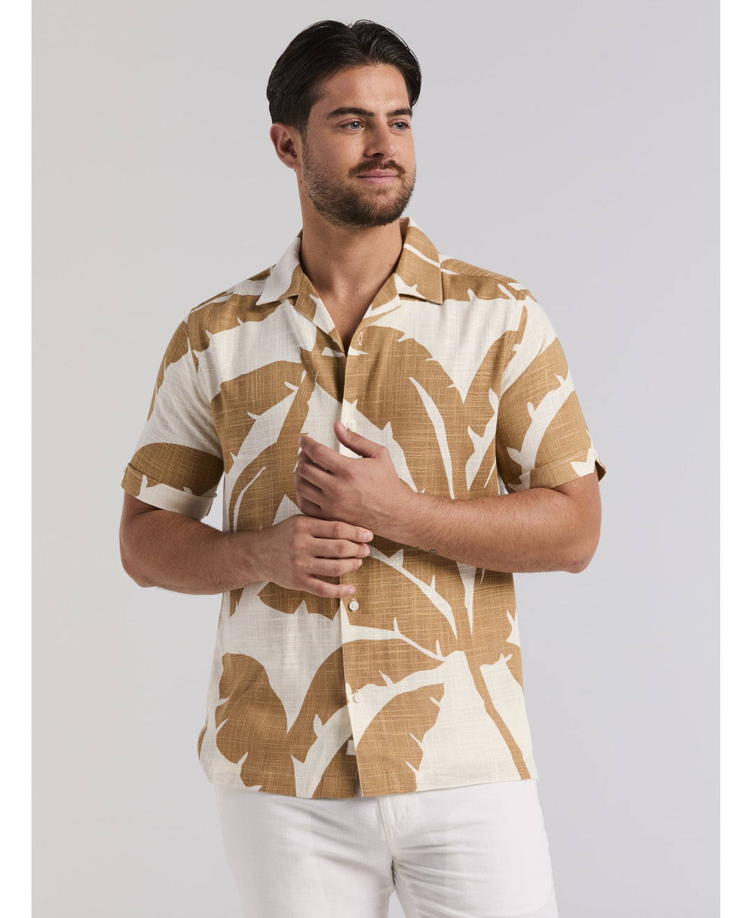 Linen Blend Palm Print Shirt-Casual Shirts-Cubavera