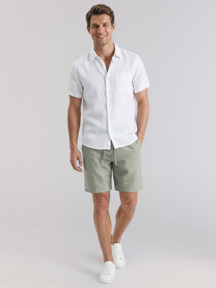 Linen Blend 7" Pull-On Drawstring Short (Green Milieu) 