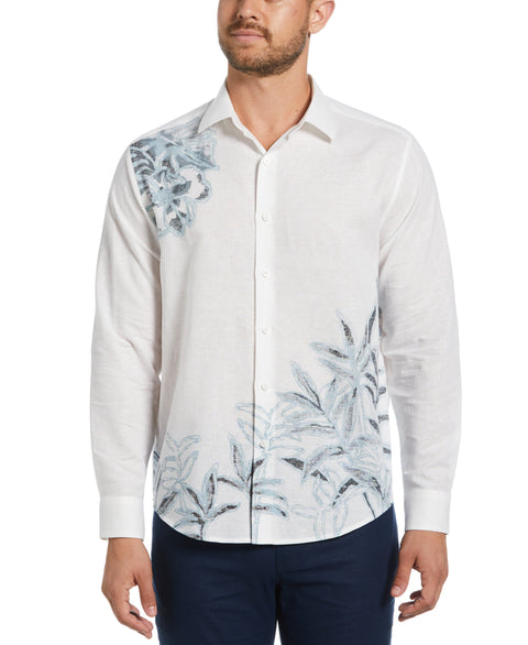 Linen Blend Reverse Asymmetric Placement Print Shirt (Brilliant White) 
