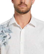 Linen Blend Reverse Asymmetric Placement Print Shirt (Brilliant White) 