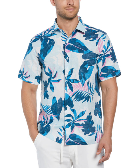 Linen Blend Reverse Tropical Print Shirt (Brilliant White) 