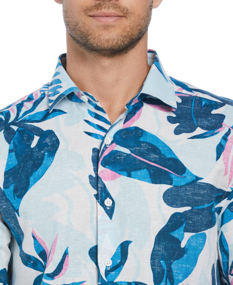 Linen Blend Reverse Tropical Print Shirt (Brilliant White) 