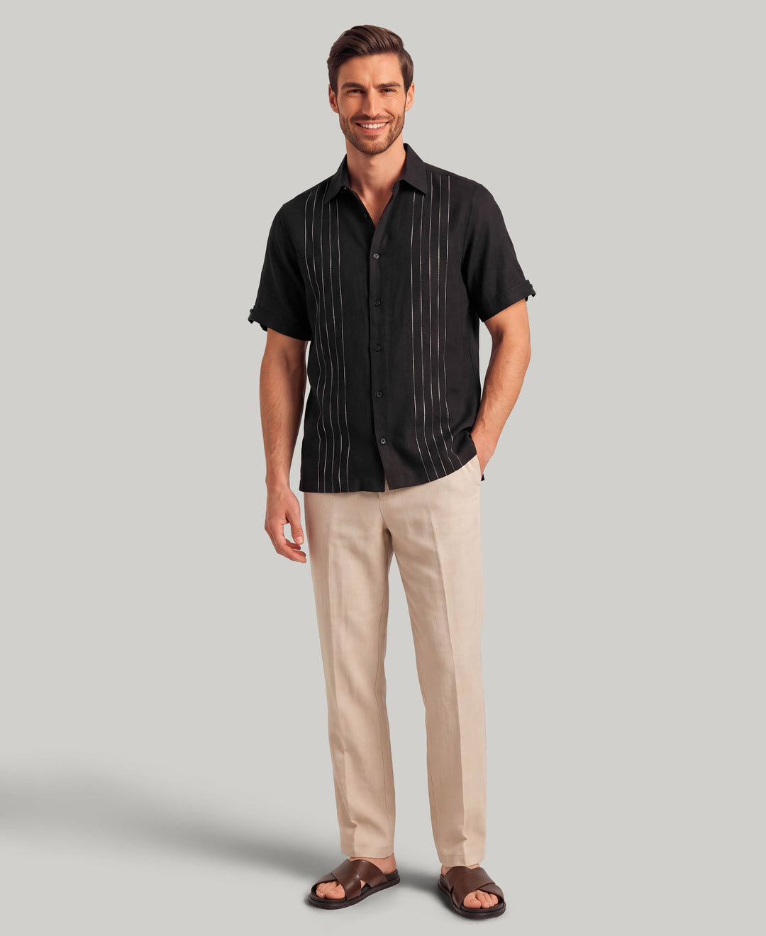 Linen Blend Slub Panel Shirt (Jet Black) 