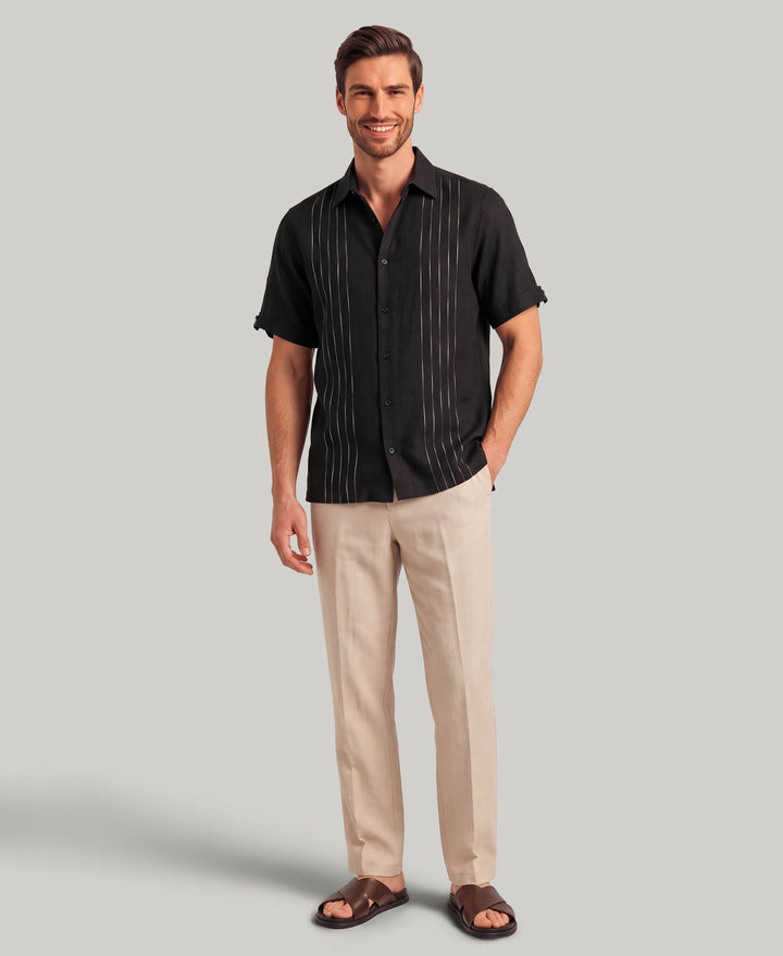 Linen Blend Slub Panel Shirt (Jet Black) 