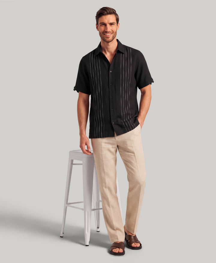 Linen Blend Slub Panel Shirt (Jet Black) 