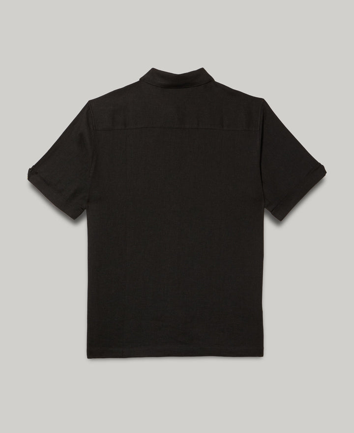 Linen Blend Slub Panel Shirt (Jet Black) 