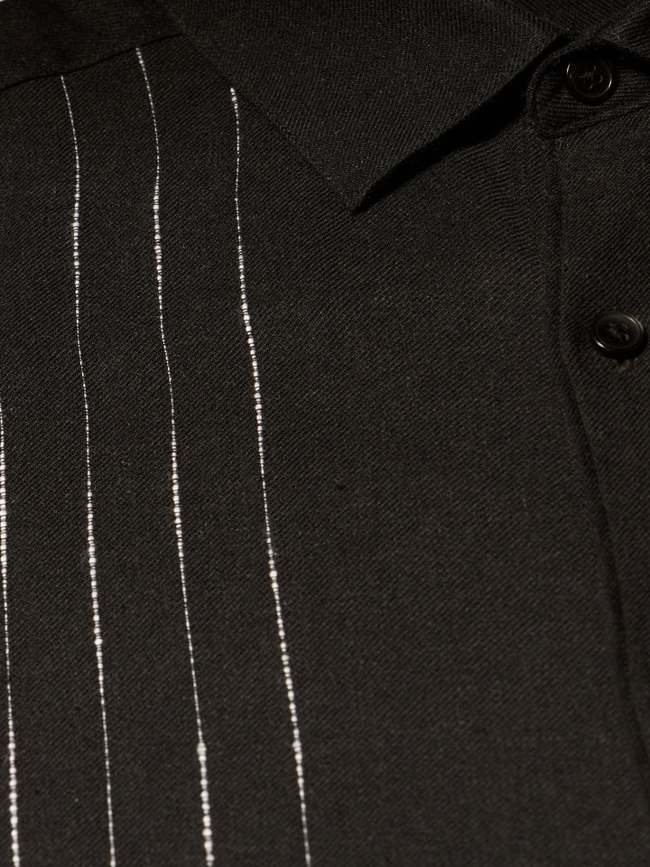 Linen Blend Slub Panel Shirt (Jet Black) 