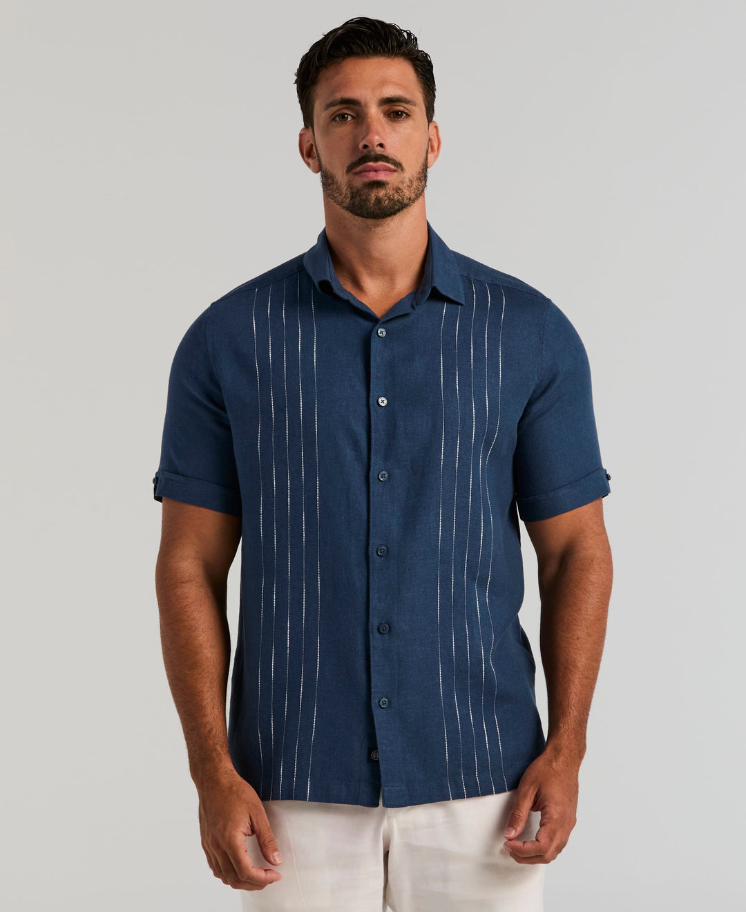 Linen Blend Slub Panel Shirt (Insignia Blue) 