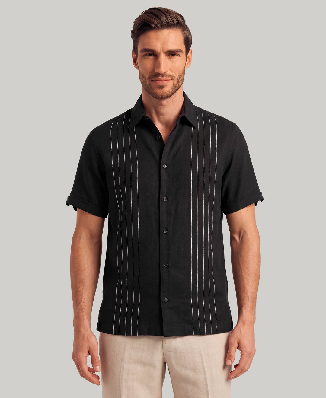 Linen Blend Slub Panel Shirt (Jet Black) 