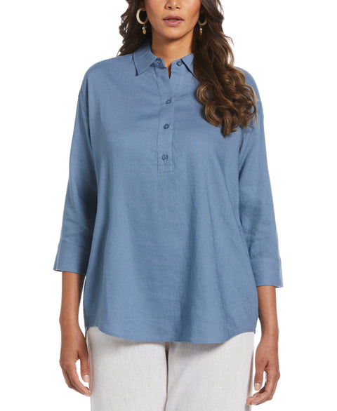 Linen Blend Solid Popover Shirt (Captains Blue) 
