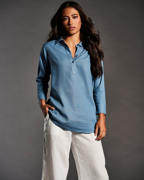Linen Blend Solid Popover Shirt--Cubavera