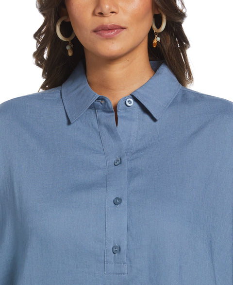 Linen Blend Solid Popover Shirt (Captains Blue) 