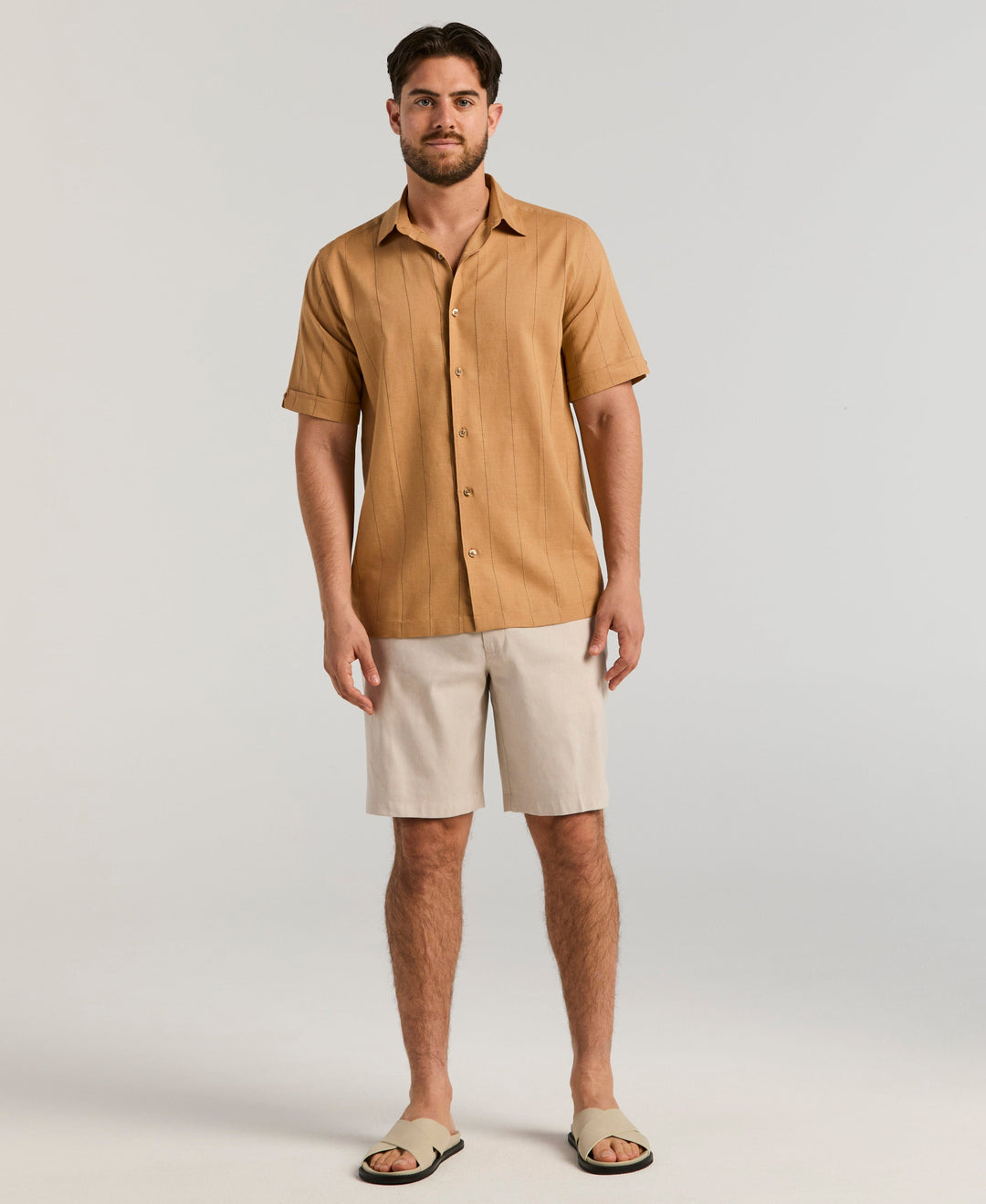 Linen-Blend Flat Front Shorts (Island Fossil) 