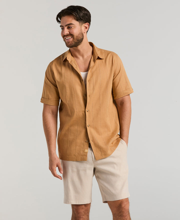 Linen-Blend Flat Front Shorts (Island Fossil) 