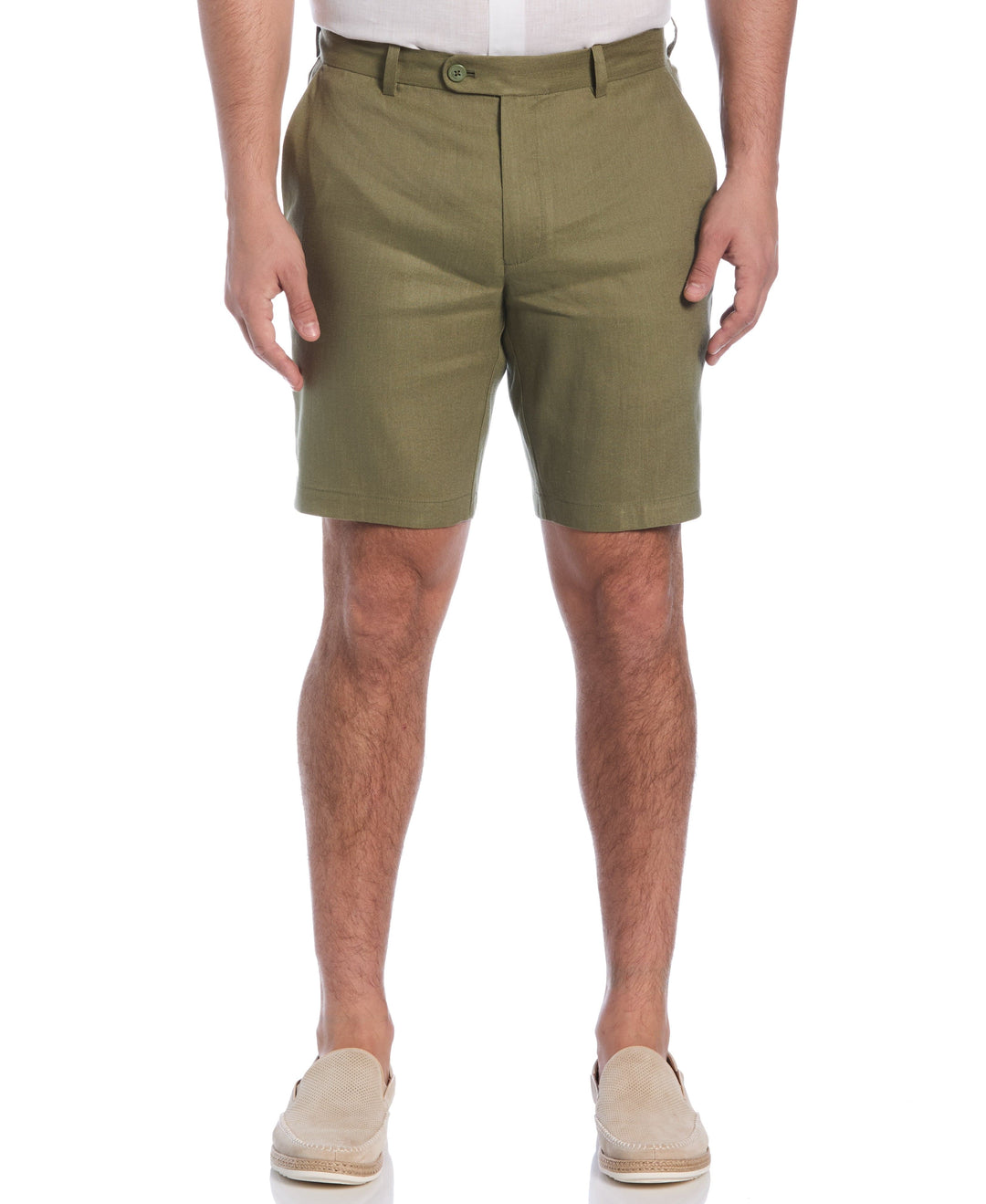 Linen-Blend Flat Front Shorts (Olivine) 