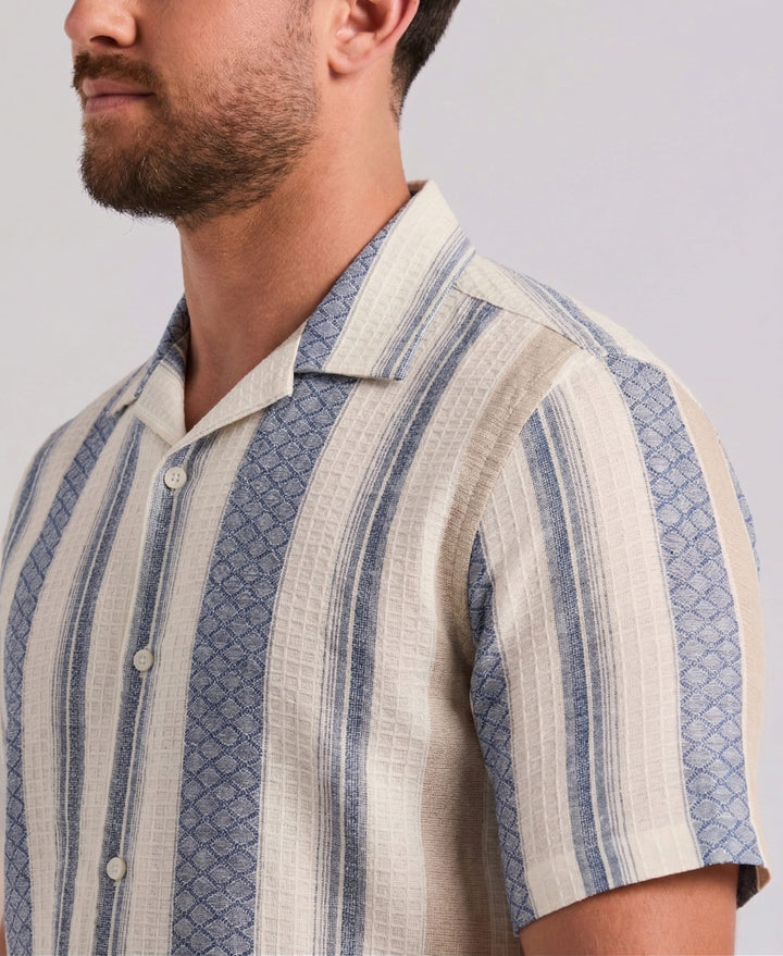 Linen Blend Striped Dobby Shirt (Egret) 